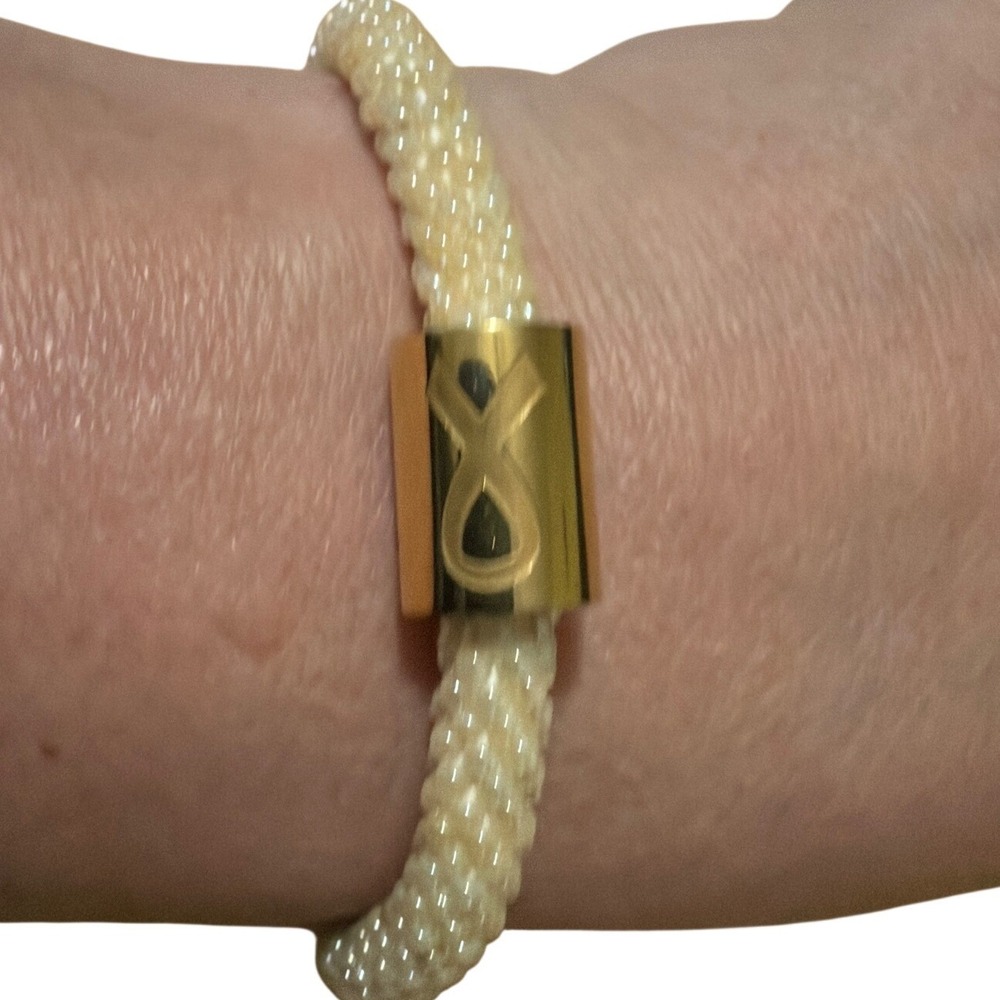 Strength Awareness Ribbon Beaded Rope Bracelet Gold Tone Cream Seed Bead‎ 6.5"